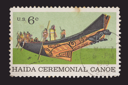UNITED STATES OF AMERICA - CIRCA 1970: A postage stamp printed in United States shows a North American Indians haida ceremonial canoe. Commemorative Stamp for the Centenary of American Natural History Museum, circa 1970のeditorial素材