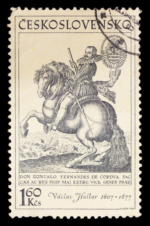 CZECHOSLOVAKIA - CIRCA 1969: A postage stamp printed in Czechoslovakia shows a portrait of Wenceslaus Hollar riding a horse, circa 1969のeditorial素材
