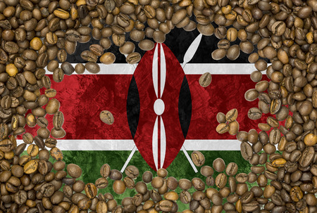 National country flag of Kenya under a background of roasted brown coffee beansの写真素材