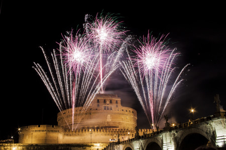Traditional fireworks show over Castel Sant' Angelo in Rome, Italy, during the traditional show staged on the occasion of the Feast of Saints Peter and Paul on 29 Juneのeditorial素材