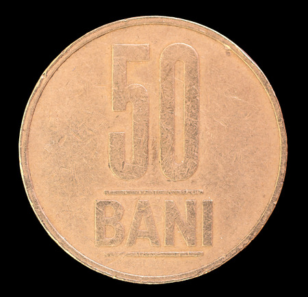 The tail face of 50 bani coin, issued by Romania in 2006. Image isolated on black background