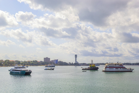 View of ships mooring in the harbor of Stone town in Tanzaniaのeditorial素材