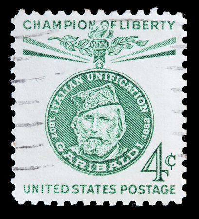 UNITED STATES OF AMERICA - CIRCA 1960: A used postage stamp printed in United States shows a portrait of the italian general Giuseppe Garibaldi, series of Freedom Fighters Champions, circa 1960のeditorial素材