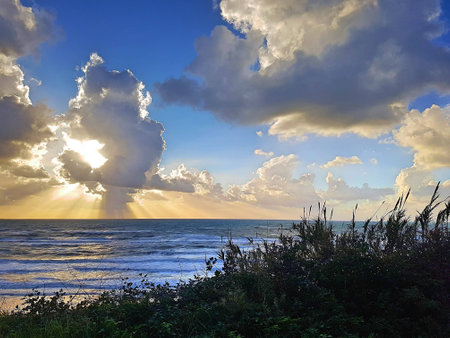 Sun in the clouds with reeds and quilts that make a frame.の写真素材