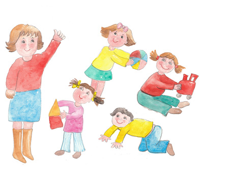 watercolor children play with teacher in the schoolの写真素材