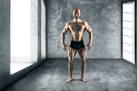 Confident bodybuilder stand in concrete room with windows on left and right, strike a pose with arms, legs, torso, and full body to showcase the full potential of muscles and an athletic appearanceの写真素材
