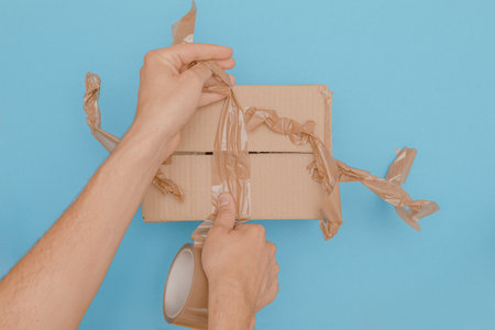human hands try to wrap up a cardboard box with parcel tape to shut but failed