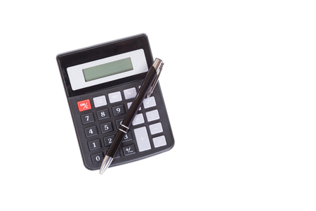 Ballpoint pen and small calculator isolated on white viewed from above with a blank readoutの写真素材