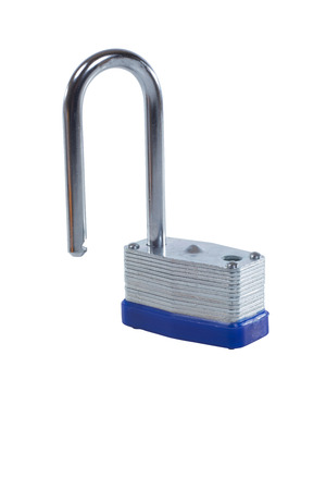 Strong steel padlock with an open shank viewed close up isolated on white for safety and security conceptsの写真素材