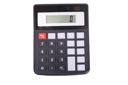 Isolated simple portable calculator with a 0 display on the readout viewed from above on whiteの写真素材