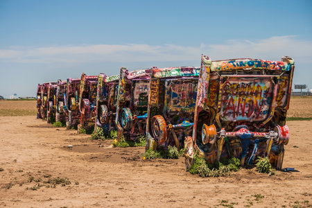 Famous Cadillac Ranch, public art and sculpture installation created by Lord Chip, Hudson Marquez and Doug Michels near Amarillo, Texas.のeditorial素材