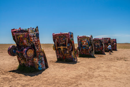 Famous Cadillac Ranch, public art and sculpture installation created by Lord Chip, Hudson Marquez and Doug Michels near Amarillo, Texas.のeditorial素材