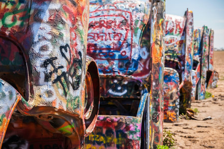 Famous Cadillac Ranch, public art and sculpture installation created by Lord Chip, Hudson Marquez and Doug Michels near Amarillo, Texas.のeditorial素材