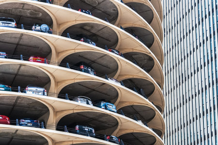 Detail of a tower of the Marina City building complex with its spiral parking, 300 North State Street, Chicago, Illinois.のeditorial素材