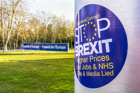 Anti-Brexit sticker on the UK flag at the Council of Europe in Strasbourg, France.のeditorial素材