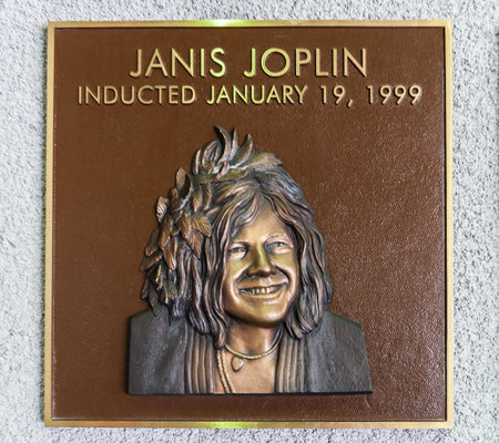 Bronze plate with the portrait of the famous blues singer Janice Joplin located at the Guitar Center store on Sunset Boulevard, Hollywood.のeditorial素材