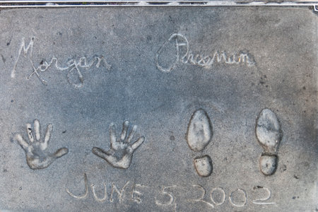 Morgan Freeman on the ground behind TCL Grauman 's Chinese Theater, Hollywood Boulevard, Los Angeles, California.のeditorial素材