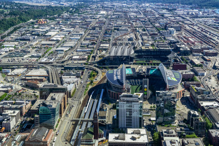 Aerial view of the CenturyLink Field and the Safeco Field, the main stadiums of Seattle.のeditorial素材