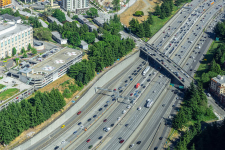 Aerial view of the Interstate 5 traffic crossing Seattle, Washington State, USA.のeditorial素材