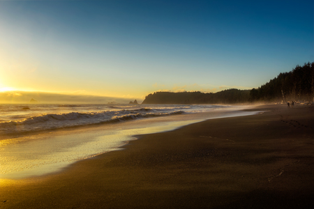 Beautiful and scenic view of Rialto Beach at sunset, National Park, Washington State, USA.の写真素材