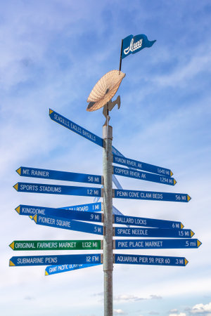Multi directional distance mileage sign post with Seattle Landmark on Ivar's Pier 54, WA, USA.のeditorial素材