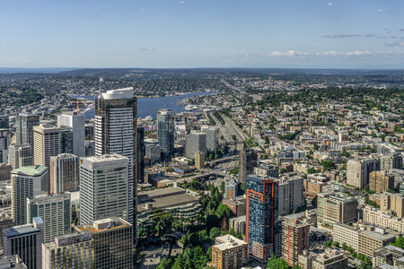 Aerial view or overlook of downtown Seattle, Capitol Hill and Lake Union in the distance, Washington state, USA.の写真素材