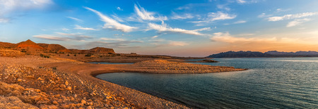 Beautiful panoramic view from the shores of the Lake Mead at dusk, Nevada, summer.の写真素材