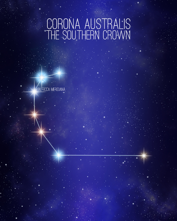 Corona australis the southern crown constellation on a starry space background with the names of its main stars. Relative sizes and different color shades based on the spectral star type.の写真素材