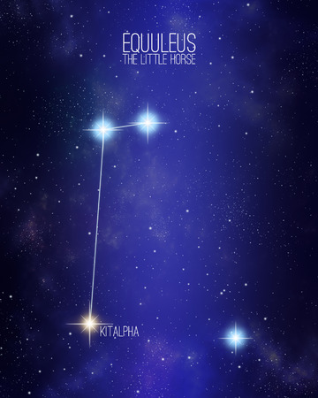 Equuleus the little horse constellation on a starry space background with the names of its main stars. Relative sizes and different color shades based on the spectral star type.の写真素材
