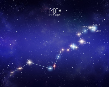 Hydra the sea serpent constellation on a starry space background with the names of its main stars. Relative sizes and different color shades based on the spectral star type.の写真素材