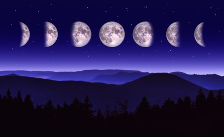 Moon phases illustration. Scenic Night landscape of the different phases of the moon over a mountain range and forest.の写真素材