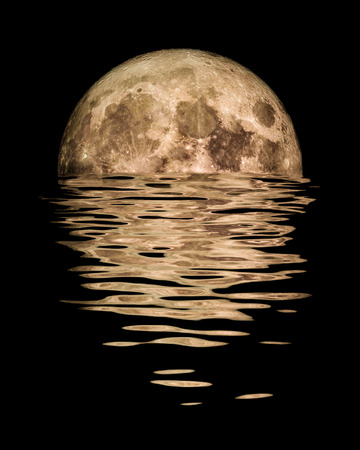 Bright moon with water reflection effect illustration isolated on a black background.の写真素材