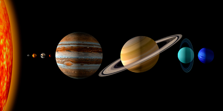 Sun and the eight planets of the solar system on black background. Realistic 3d illustration of the...