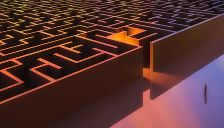 Man in suit standing in front of a rectangular maze entrance. Aerial. Abstract and conceptual 3d render illustration.の写真素材