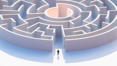 Man in suit standing in front of a circular or concentric maze entrance. Aerial. Abstract and conceptual 3d render illustration.の写真素材