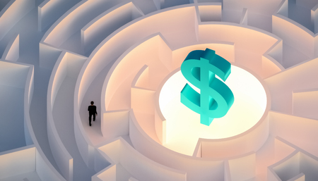 Man in suit walking in a maze or labyrinth seeking or looking for wealth or money symbolized by a dollar sign. Business, career, finance concepts. 3d render illustration.の写真素材