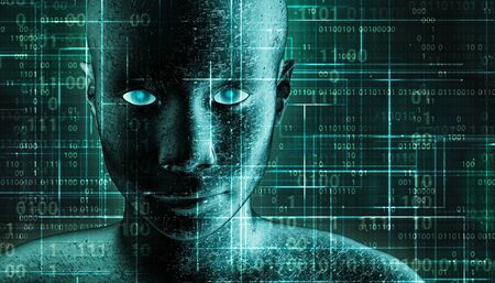 Futuristic and sci-fi human  portrait with pcb metallic skin and binary code greenの写真素材