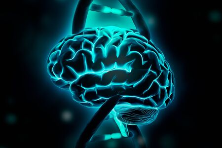 Brain and DNA double helix strands 3d rendering illustration. Intelligence, genome, genetics,...