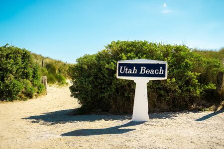 Utah Beach signpost on a sunny day, Ste Marie-Du-Mont, D-day landmark, Normandy, France.の写真素材