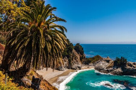 Beautiful McWay Falls landscape or scenery, Pacific Coast in summer, near Big Sur, California, USAの写真素材