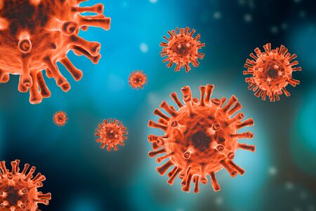 Generic red virus cell on blue background. Microbiology, virology, epidemiology, medicine science 3d rendering illustration concepts.の写真素材