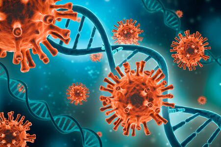 Microscopic red virus cells and DNA strands on a blue green background 3D rendering illustration. Microbiology, virology, medicine, epidemiology, biology science concepts. Artistic vision.の写真素材