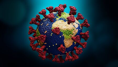 Planet earth as a coronavirus or sars covid cell 3D rendering illustration. Worldwide pandemic or global epidemic concepts.の写真素材