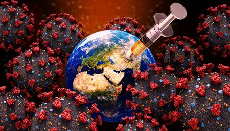 Earth planet with cornavirus cells and syringe with medication drug 3D rendering illustration. Cure,...