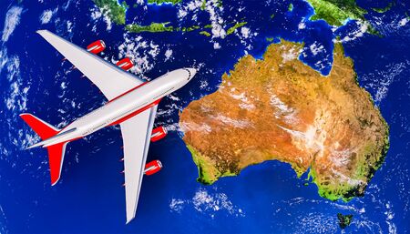 Australia Island with airplane or airliner top view. 3D rendering illustration. Flight to Australia,...