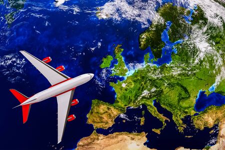 European continent map with airplane or airliner top view. 3D rendering illustration. Flight to...