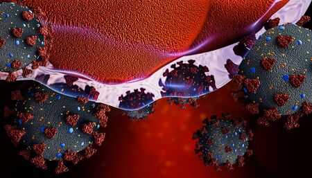 Coronavirus or covid 19 virus cells close-up invading or infecting or attacking cellular tissue 3D rendering illustration. Microbiology, medicine, biomedical, biology, virology concepts. Artist vision.の写真素材