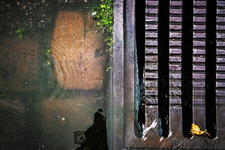 Top view of rain water flowing through a steel street gutter drainの写真素材