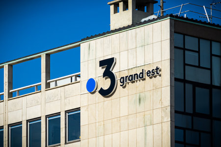 Strasbourg, France - June 21, 2020: Logo of local TV network France 3 Grand Est on its building.