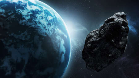 Asteroid and generic blue terrestrial planet with atmosphere scenery. Outer space or spacescape conceptual 3D rendering illustration.の写真素材